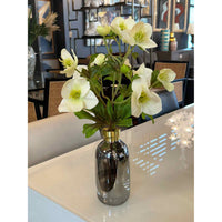 F23-HELBUD.GRY - White hellebores in gray glass budvase with gold