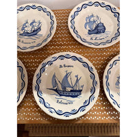 Set of Seven Antique  French Quimper Plates w/ Ships, 9.25" Dia x 4"H