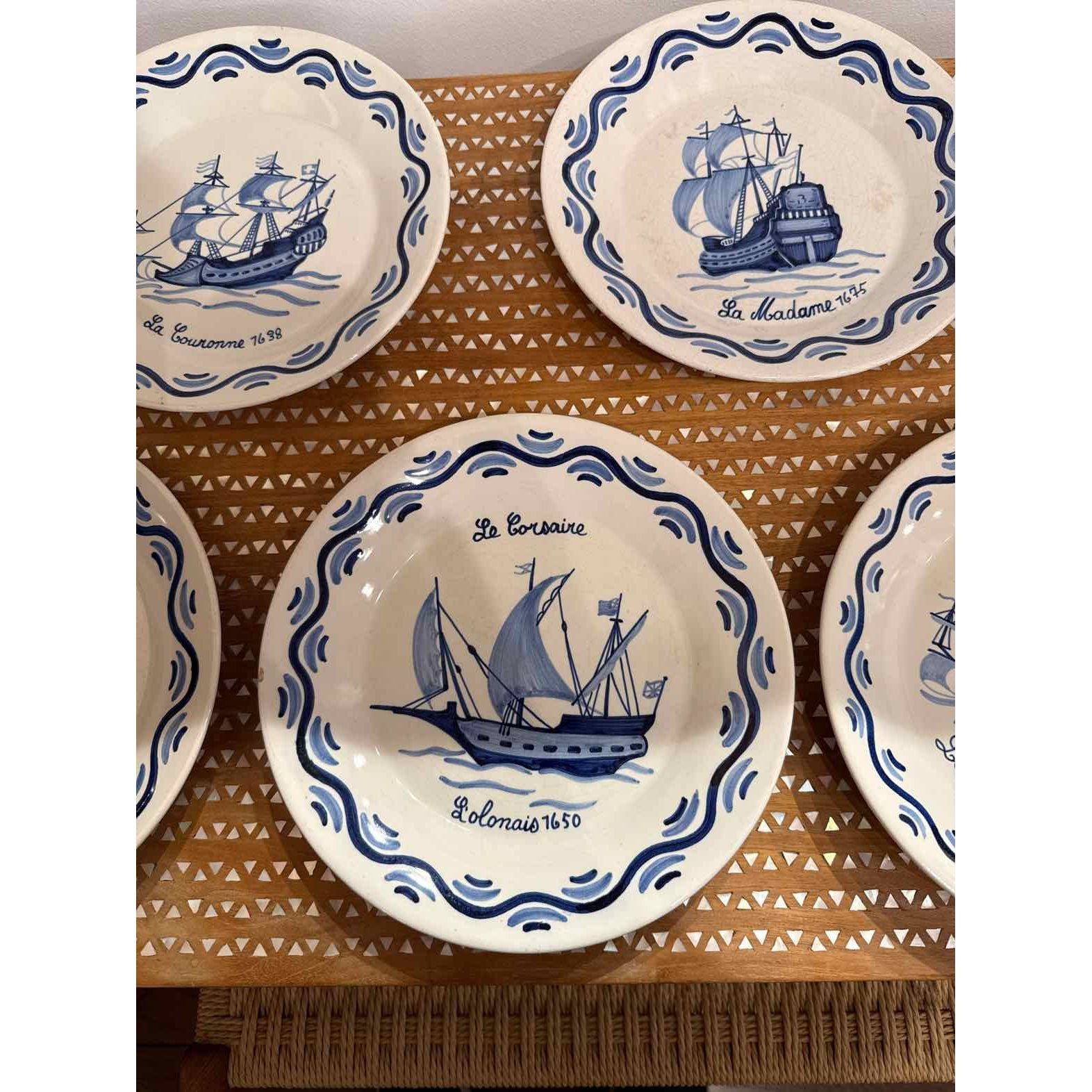 Set of Seven Antique  French Quimper Plates w/ Ships, 9.25" Dia x 4"H