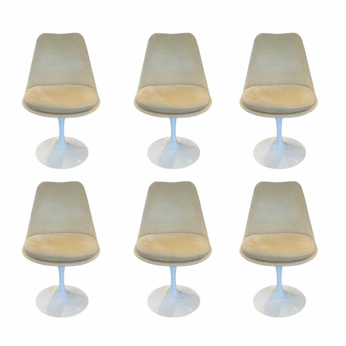 SET of 6 White Tulip Chairs w/ Full Tan Suede Upholstery by Knoll
