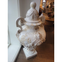 PAIR of Vintage Signed Cast Iron White Glazed Urns w/ Lids