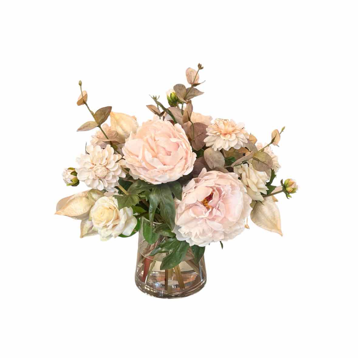 F23-PNYLAN.TAPE - Peach peonies, dahlias and roses in tapered vase
