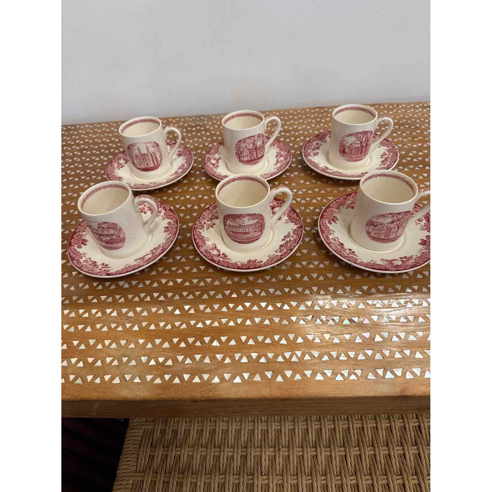 Set of Six Cups and Saucers Demi Tasse, Harvard Tercentenary