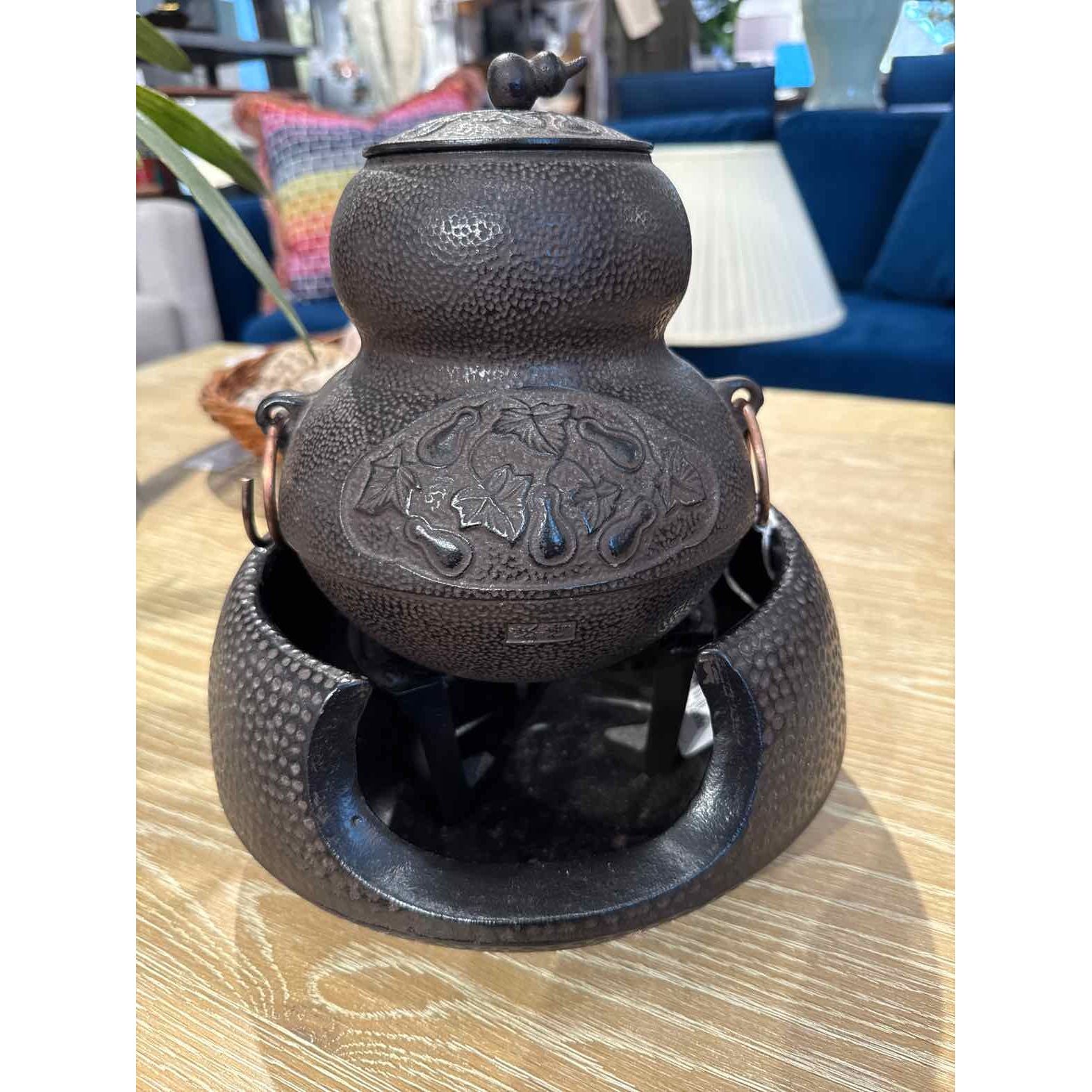 Japanese 'Kama' Tea Ceremony Cast Iron Set, Pot w/Lid, Bowl and Stand, 10" Dia x