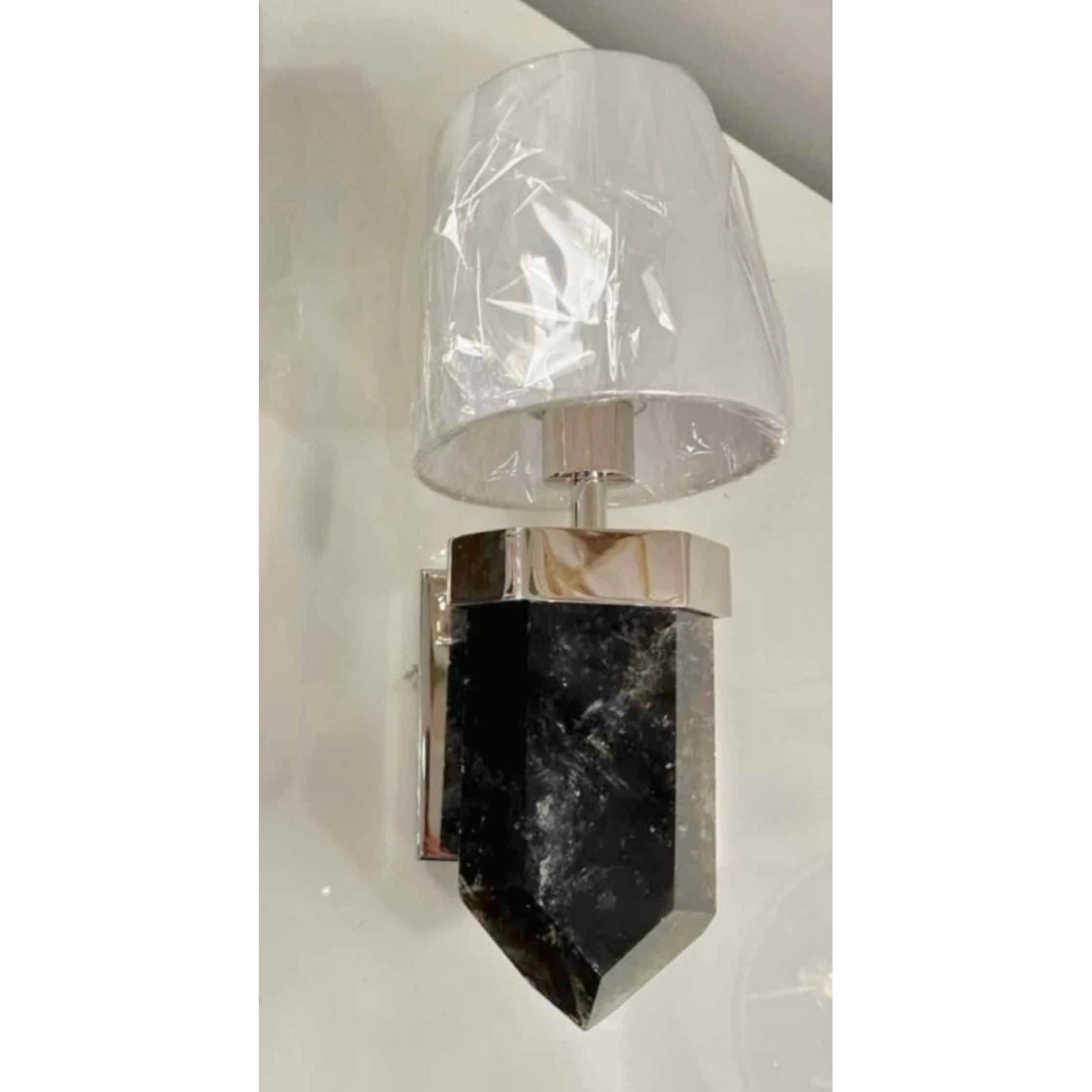 Pair of Smoky Quartz and Polished Nickel Wall Sconces - colletteconsignment.com