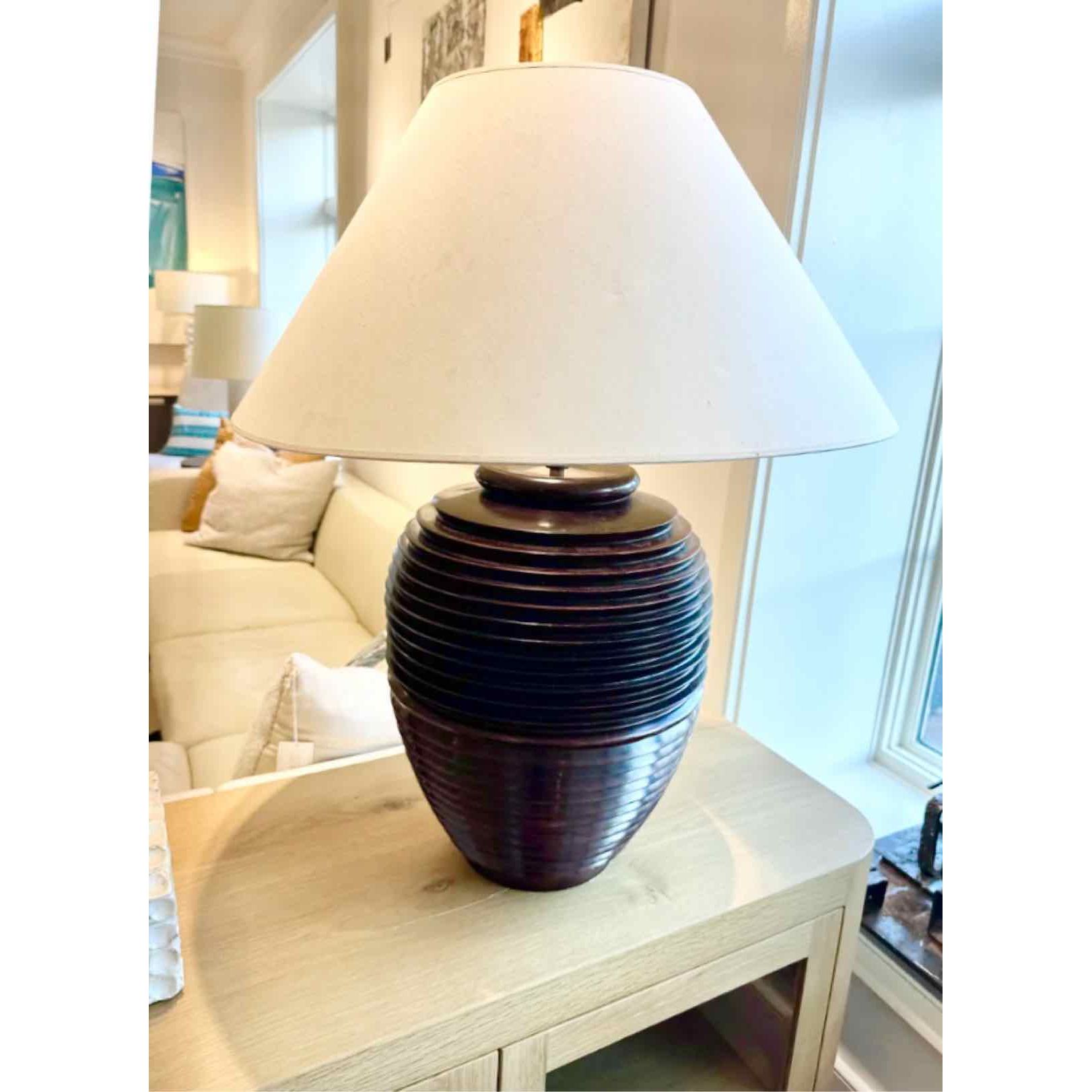 Large 1970s Italian Turned Wood Table Lamp w/ White Shade