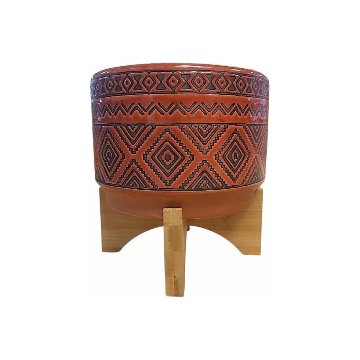 Matte Red & Gray Ceramic Bowl w/ 4-Legged Wood Stand