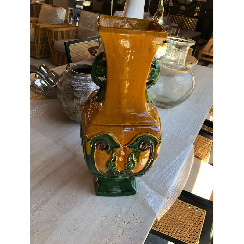 Art Nouveau Glazed Ceramic 2-Handled Vase in Mustard and Green Glaze