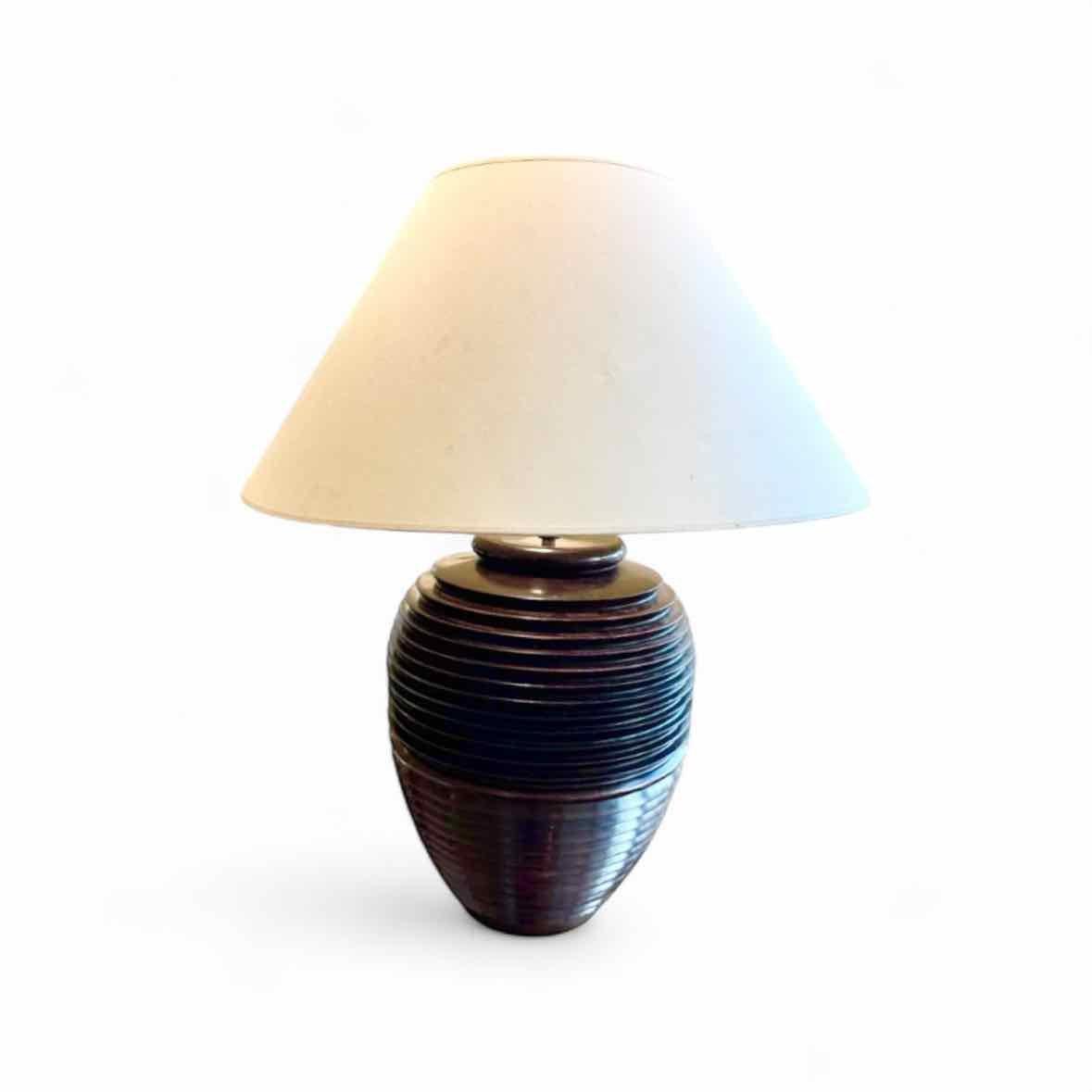Large 1970s Italian Turned Wood Table Lamp w/ White Shade