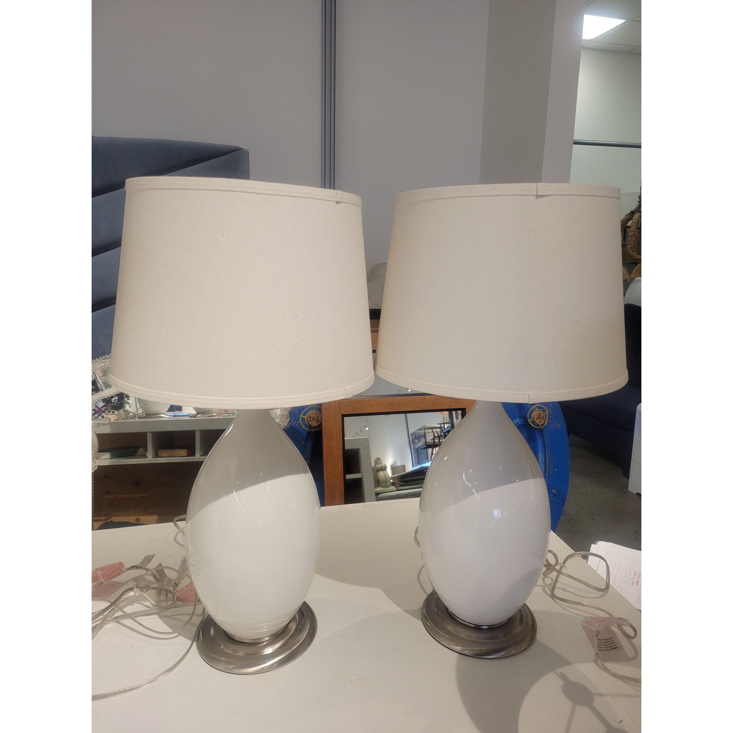 PAIR of White Glass & Metal Table Lamps w/ White Shades