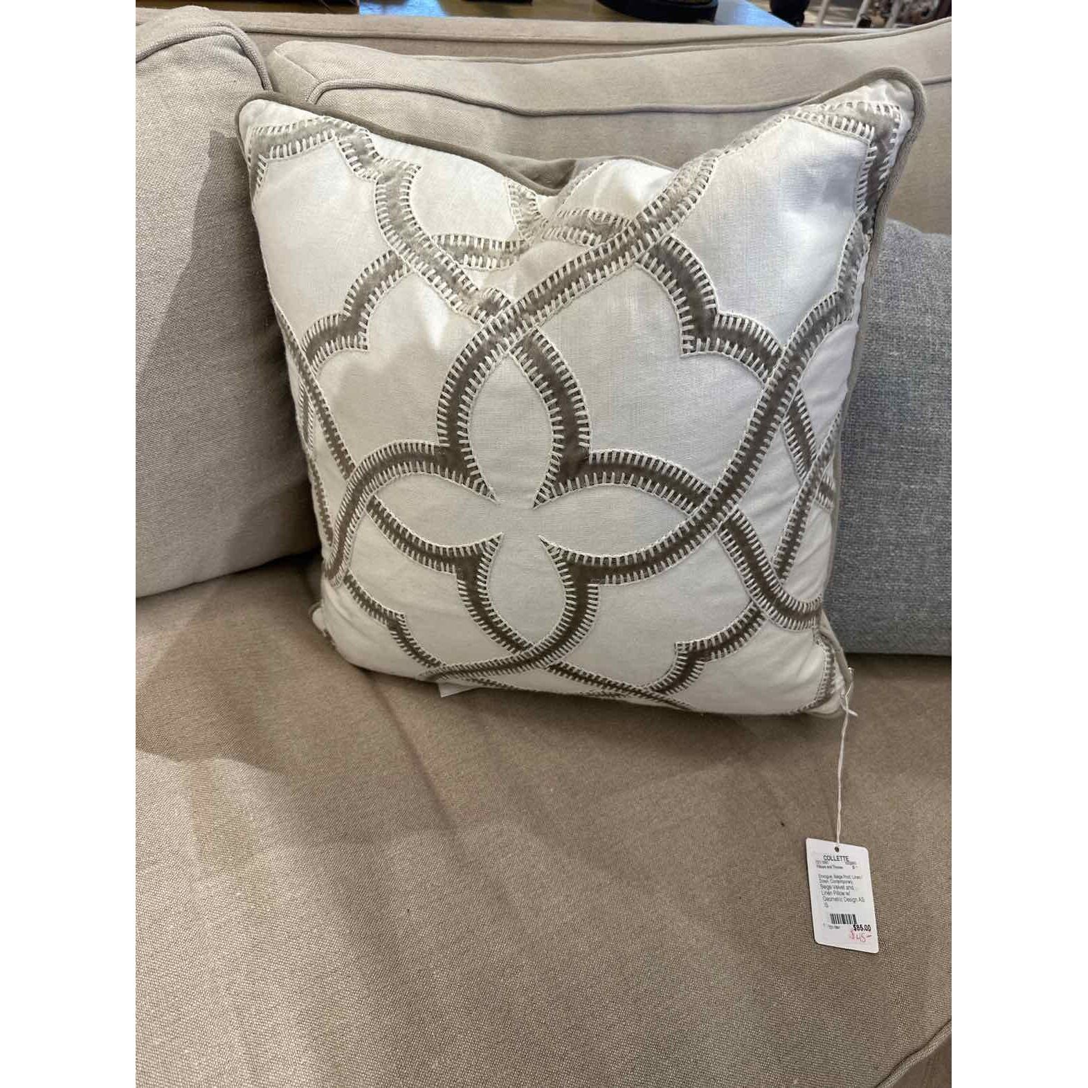 Beige Velvet and Linen Pillow w/ Geometric Design
