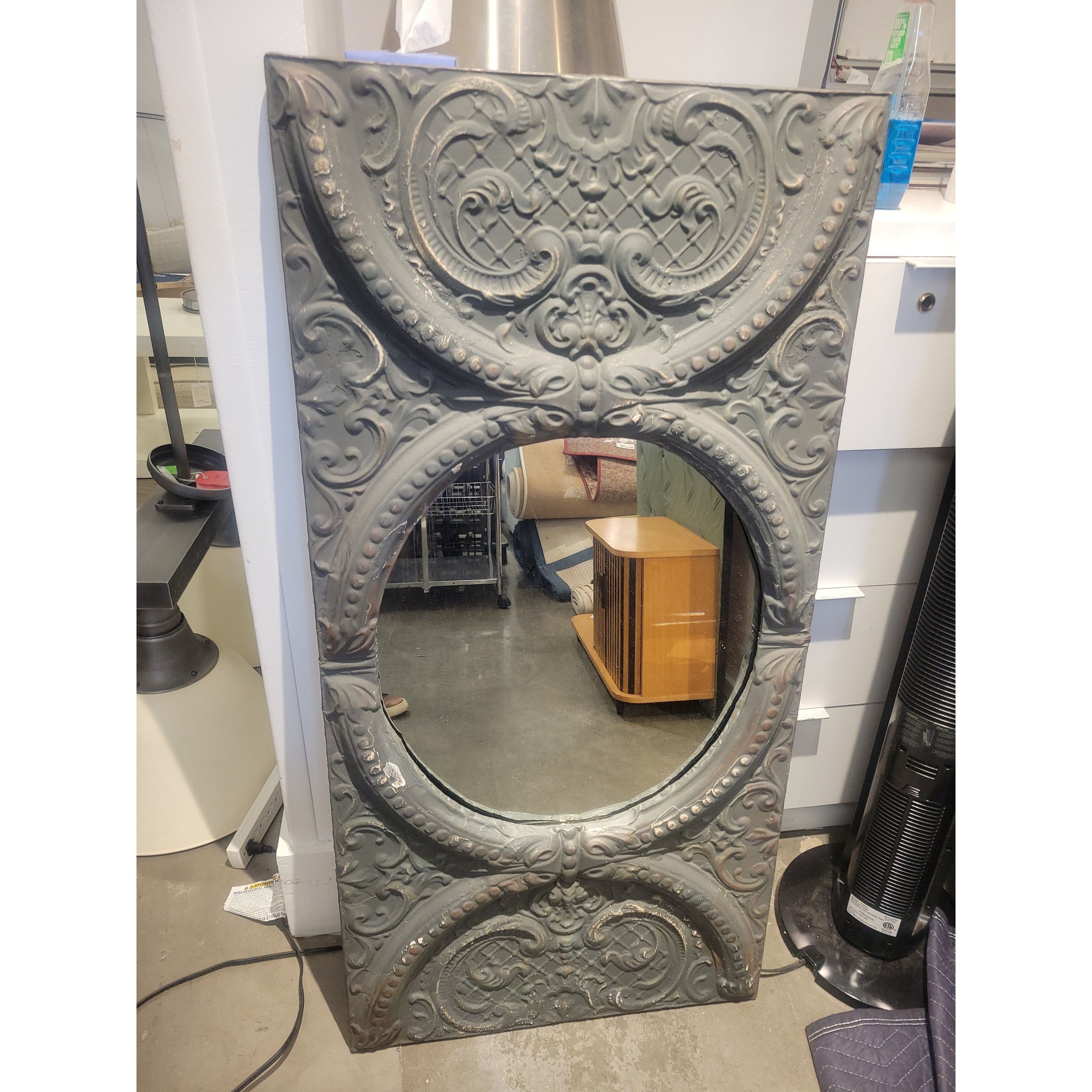 Antique Oval Mirror in Salvaged Tin Panel