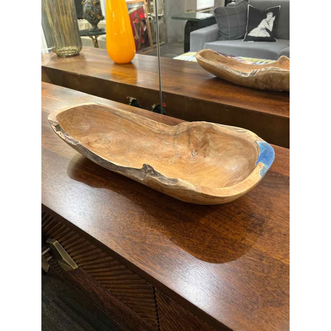 Wooden Bowl w/ Blue Lucite Detail - colletteconsignment.com