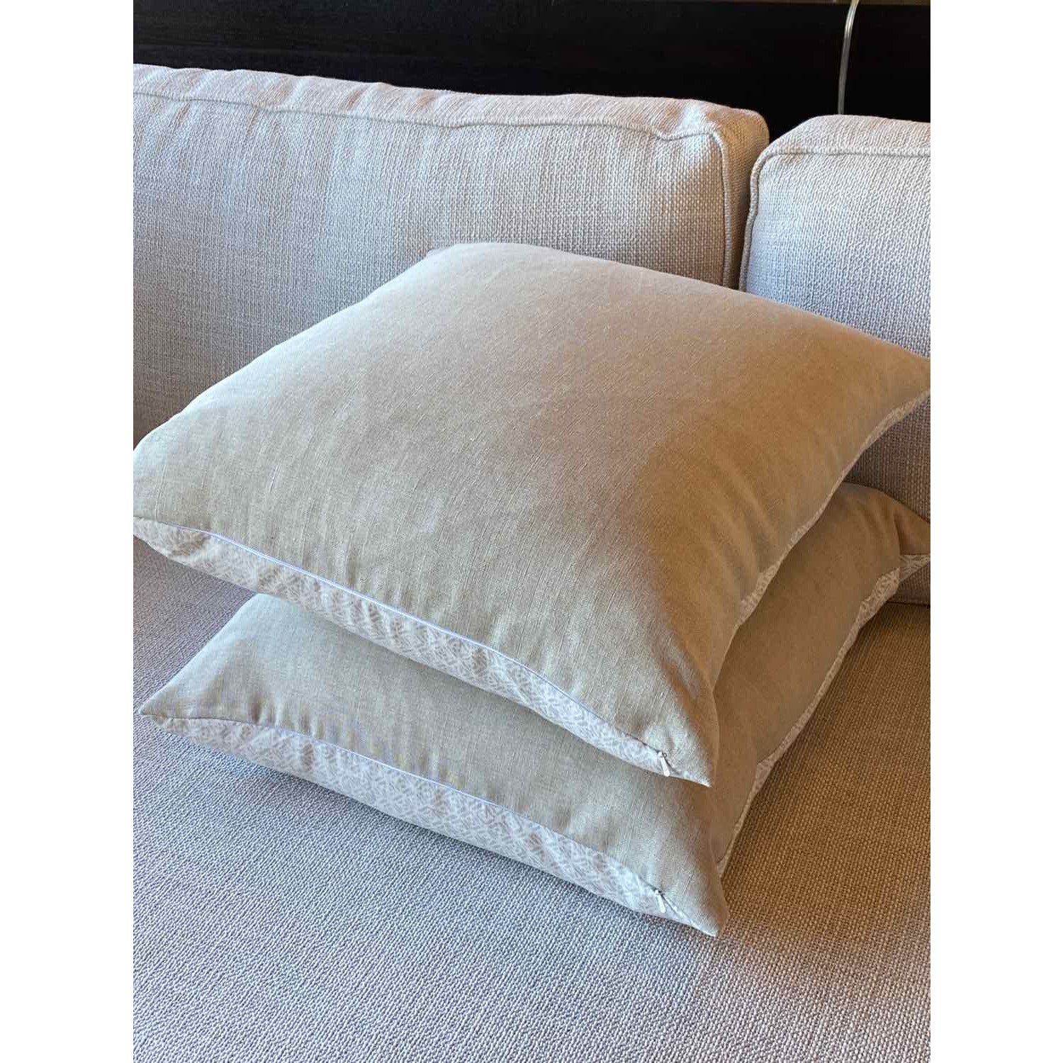 Pair of Custom Biege & White Linen Pillows - colletteconsignment.com