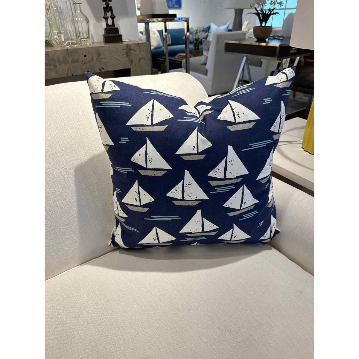 Pair of Sail Boats Over Blue Square Outdoor/Indoor Pillows 20"x20"