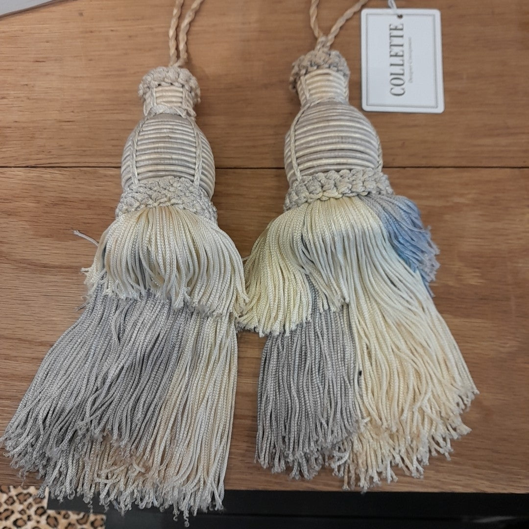 Pair of Silk Tassels, Blue & Cream, 10"L - colletteconsignment.com
