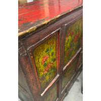 Antique Tibetan Wood Cabinet w/ Hand-Painted Red Top & Flower Motif Doors