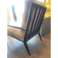 Dark Wood Slat Back Lounge Chair w/ Sleek Line Arms & Brown Swirl Upholstery - colletteconsignment.com