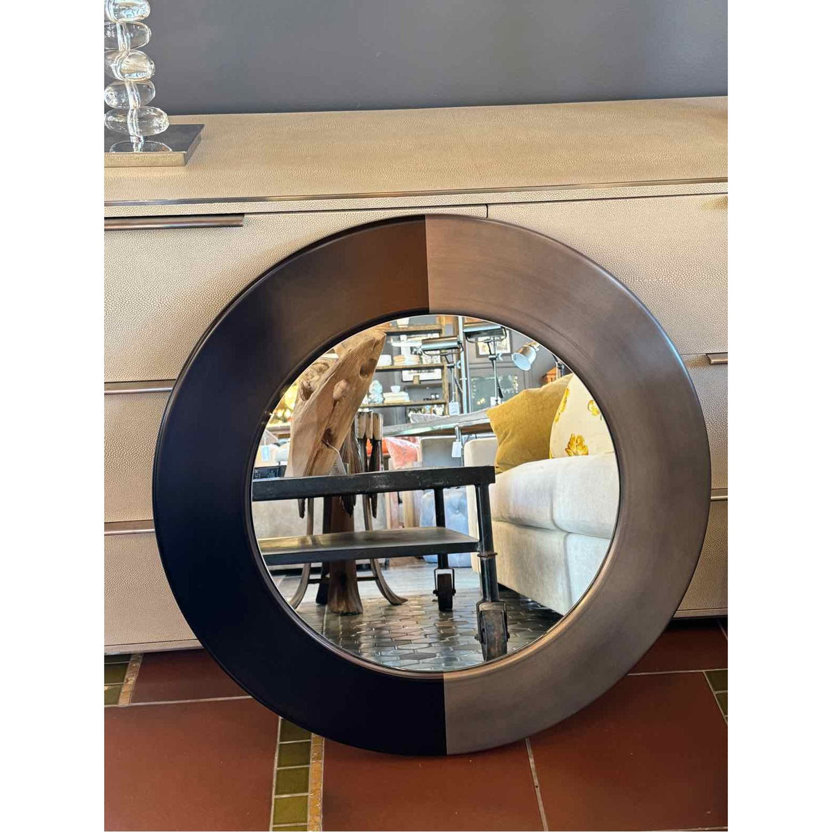 Black & Brushed Metal Round Mirror - colletteconsignment.com