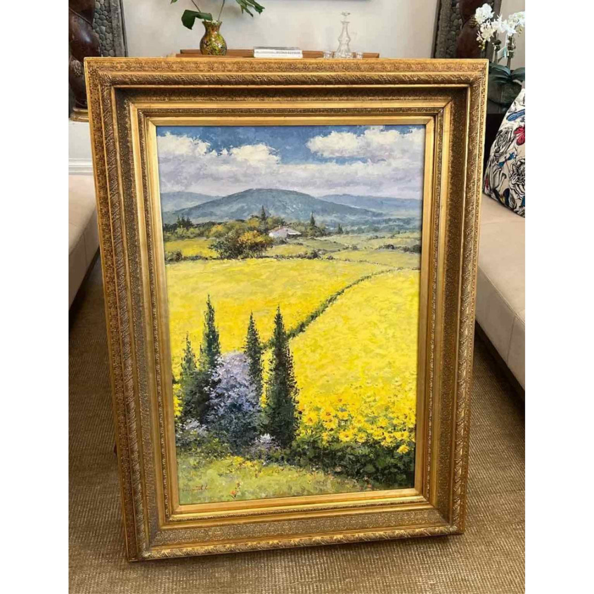 Farm House Landscape Oil Painting with Sunflowers w/ Gilt Frame