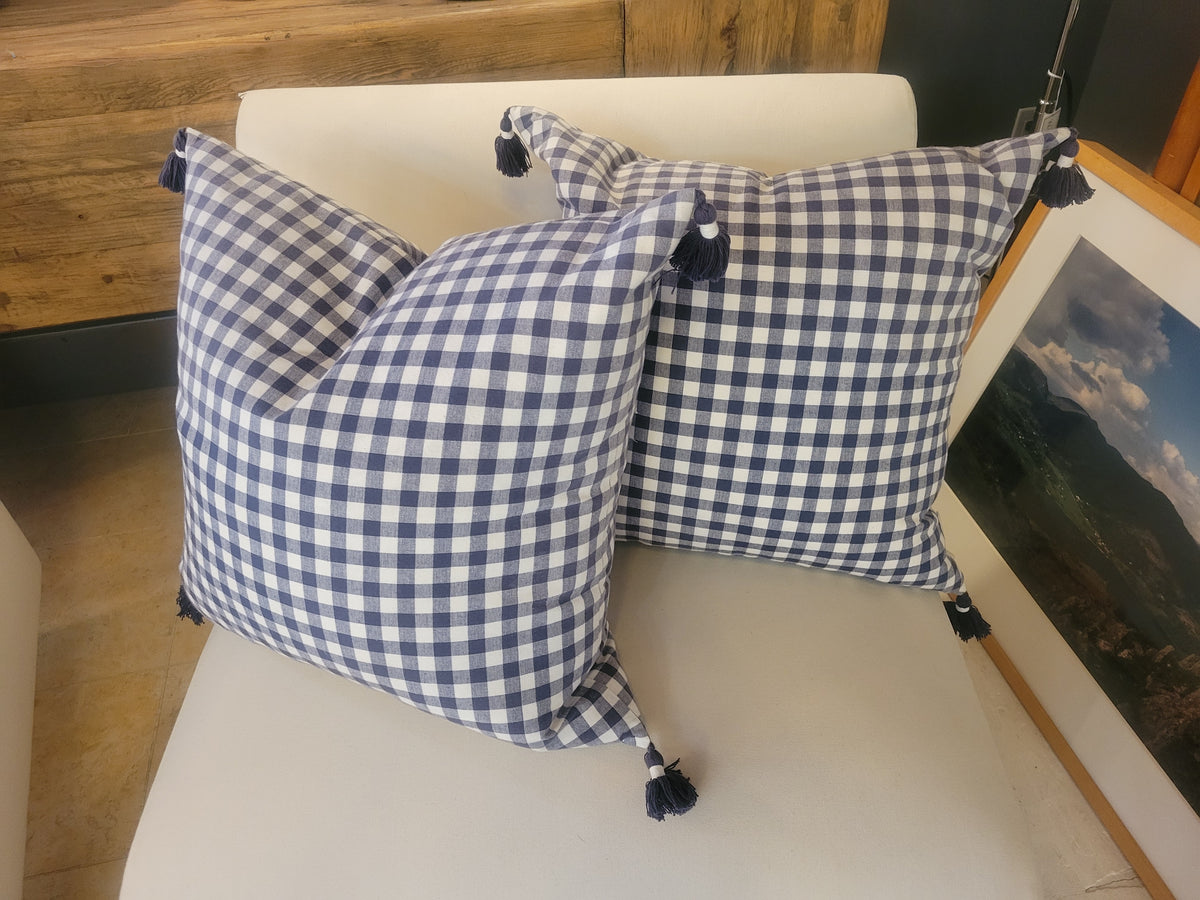 PAIR of Navy Gingham Pillows w/ Tassels & Down Inserts