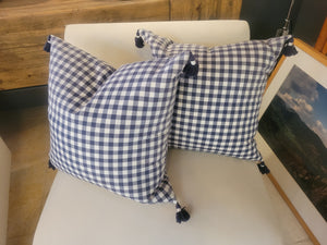 PAIR of Navy Gingham Pillows w/ Tassels & Down Inserts