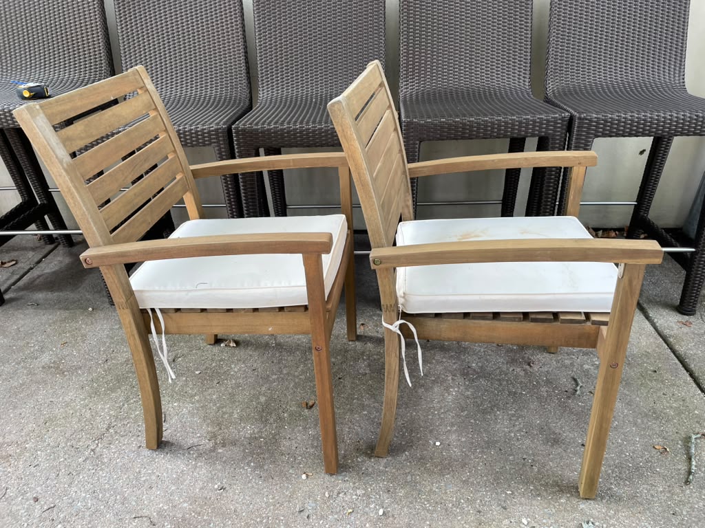 Pair of Teak Outdoor Dining Chair w/ White Cushions