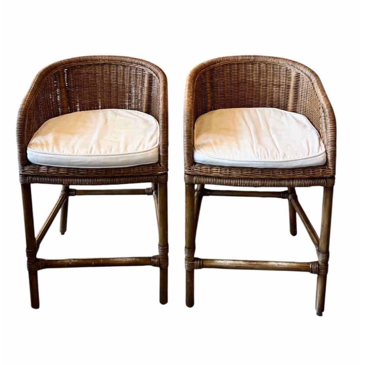 PAIR of Rattan Bar Stools w/ Wicker Backs & White Cushions
