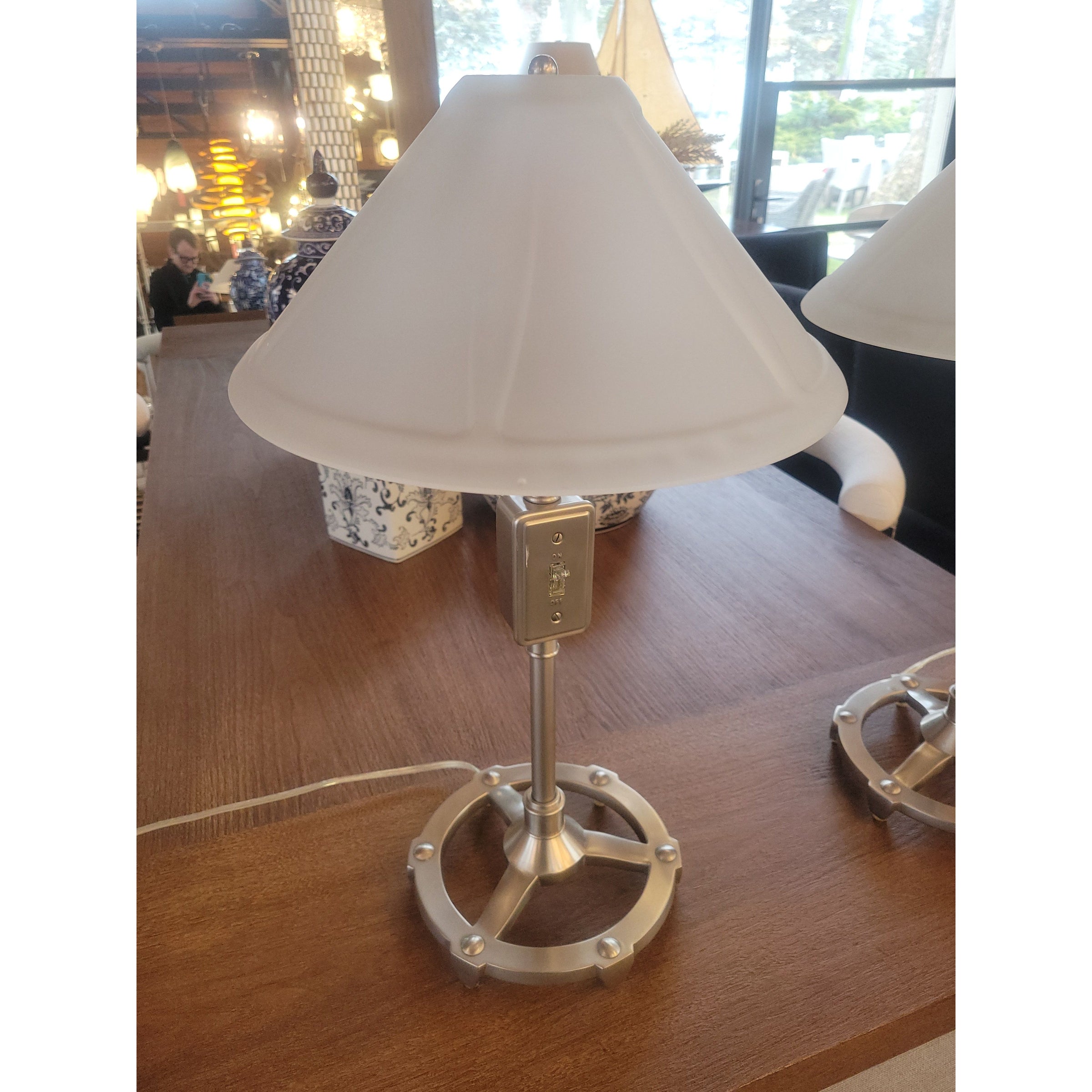 PAIR of Industrial Nickel Table Lamps w/ Glass Shades