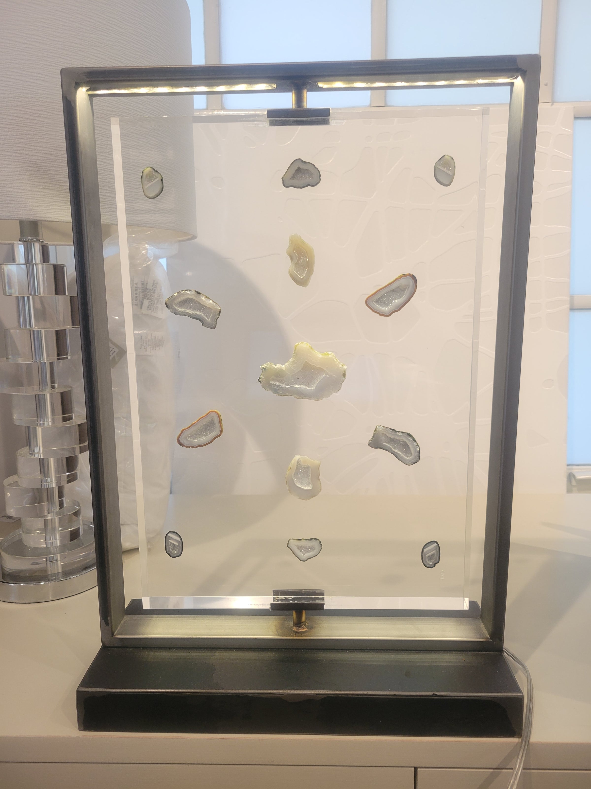 Floating Quartz Geodes in Lucite Table Lamp w/ Steel Frame by Kimberly McDonald