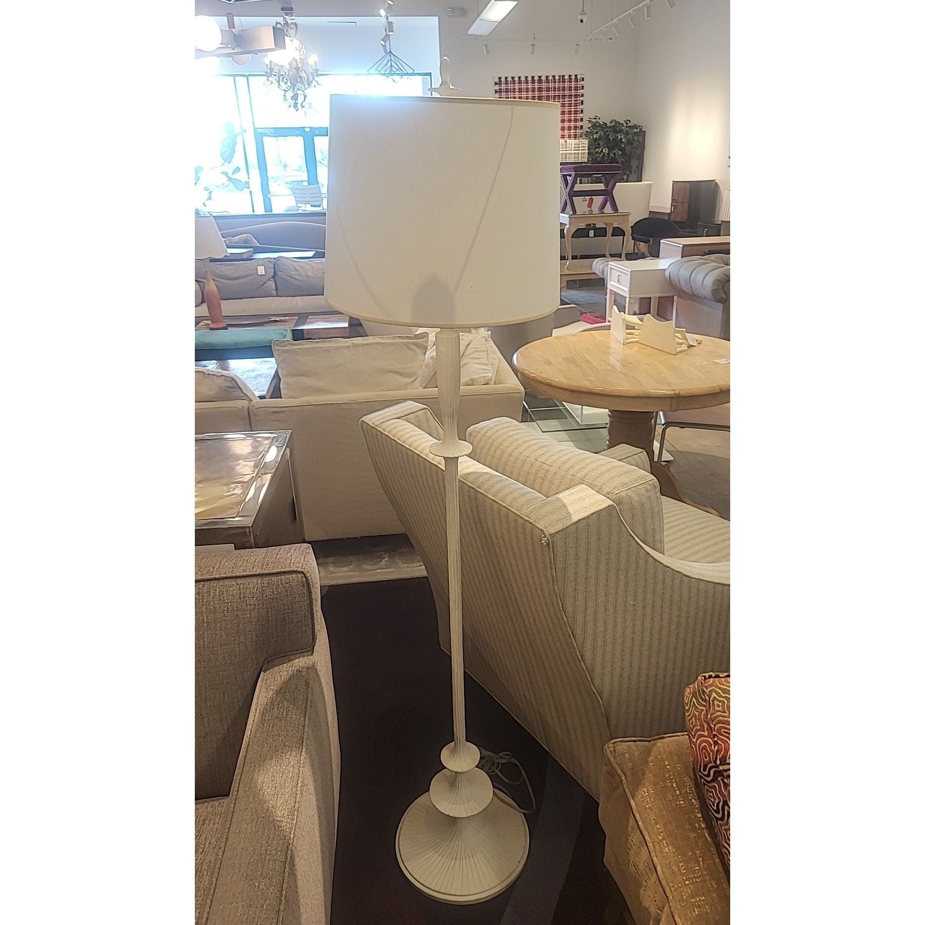 White Painted Carved Wood Floor Lamp w/Shade