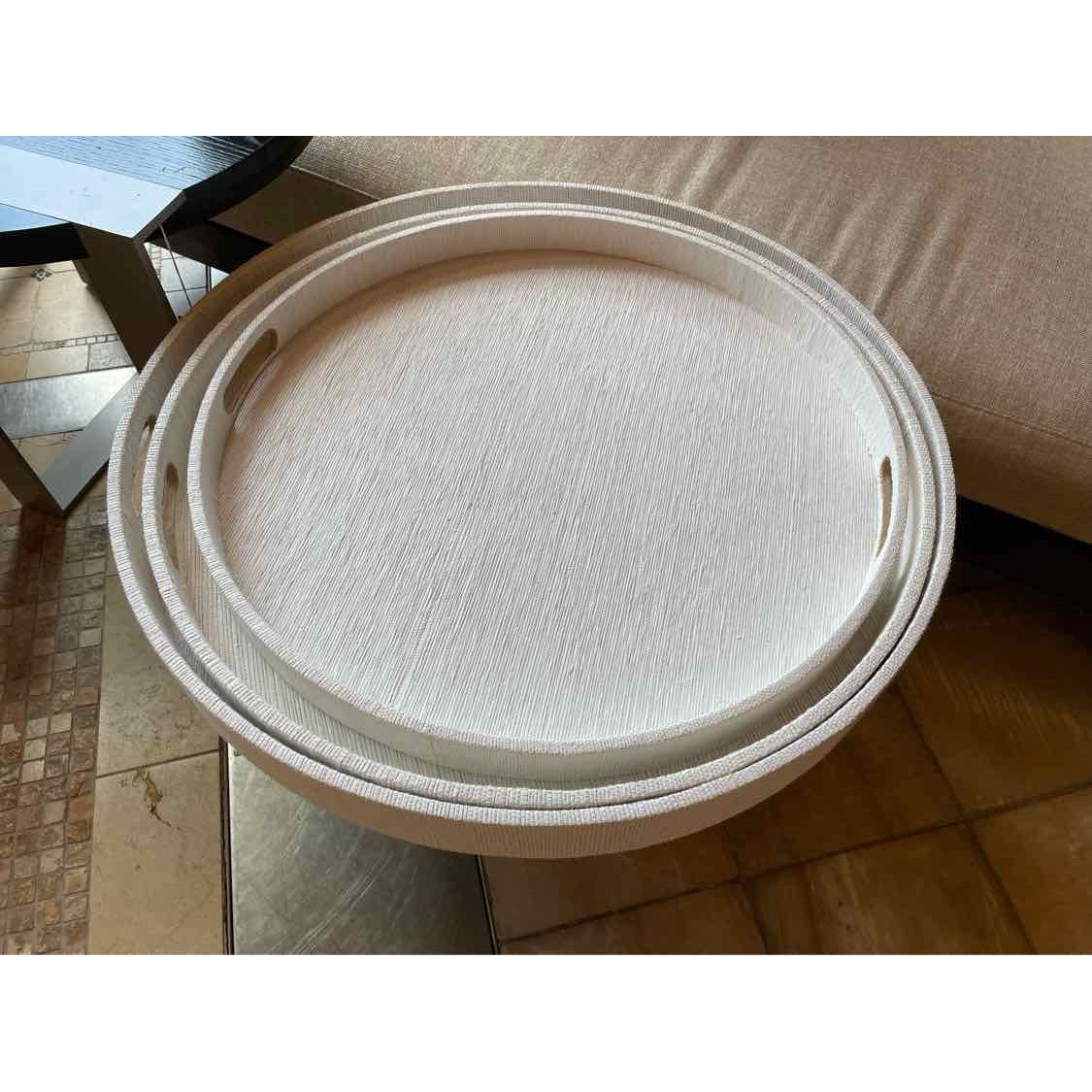 SET of 3 Round White Grasscloth Trays