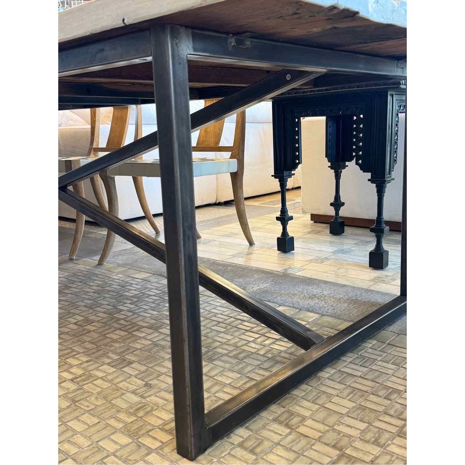 Custom European Painted Wood Dining Table on Metal Base - colletteconsignment.com