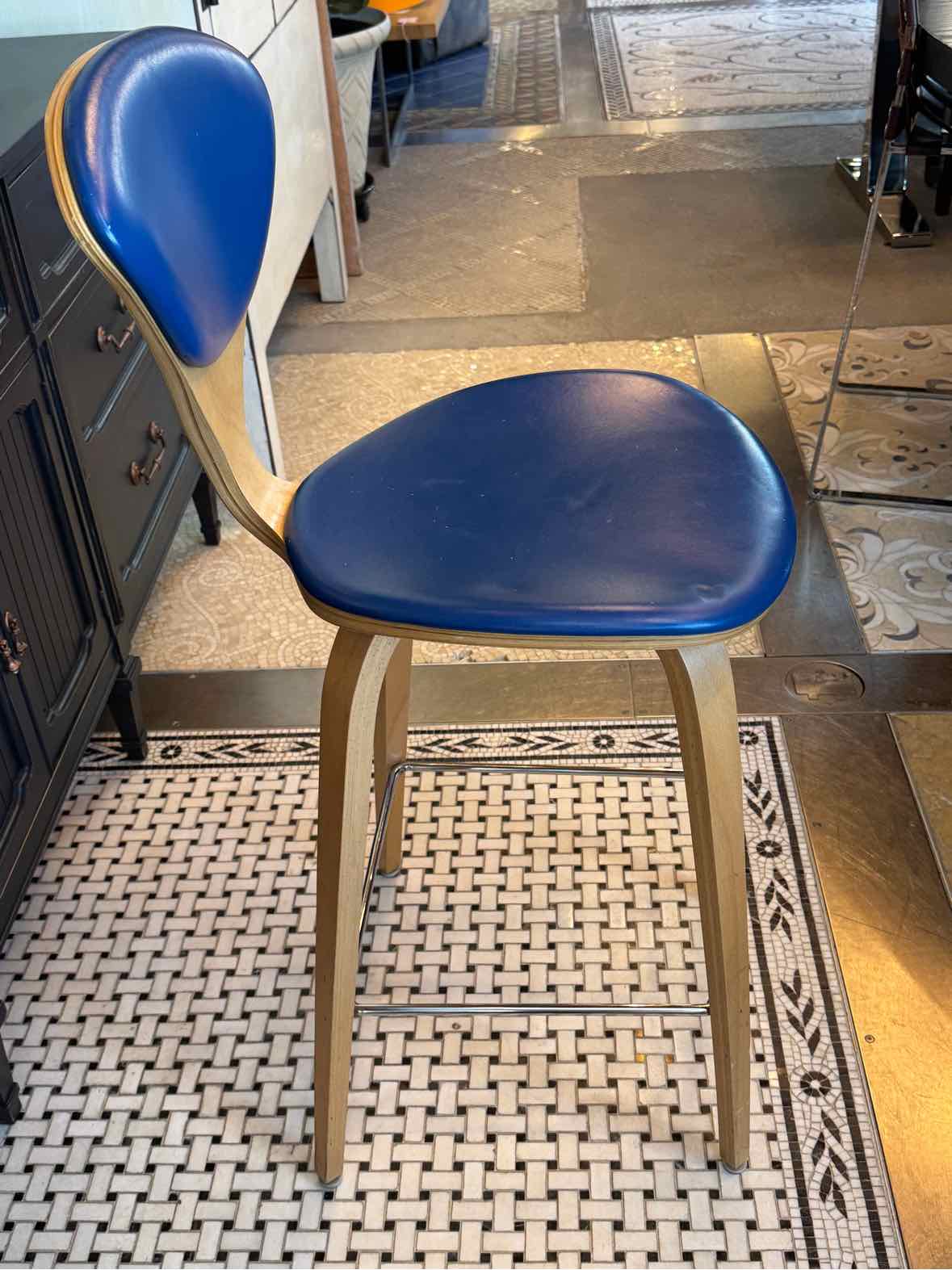 SET of 3 Blue Leather & Wood Counter Stools by Cherner (AS IS)