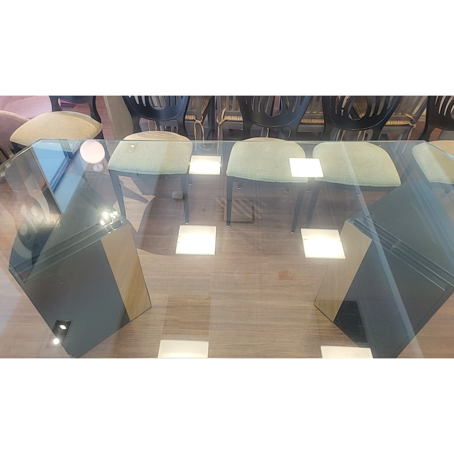 8-ft Glass Top Dining Table on Art Deco Black Lacquer Wedge Legs