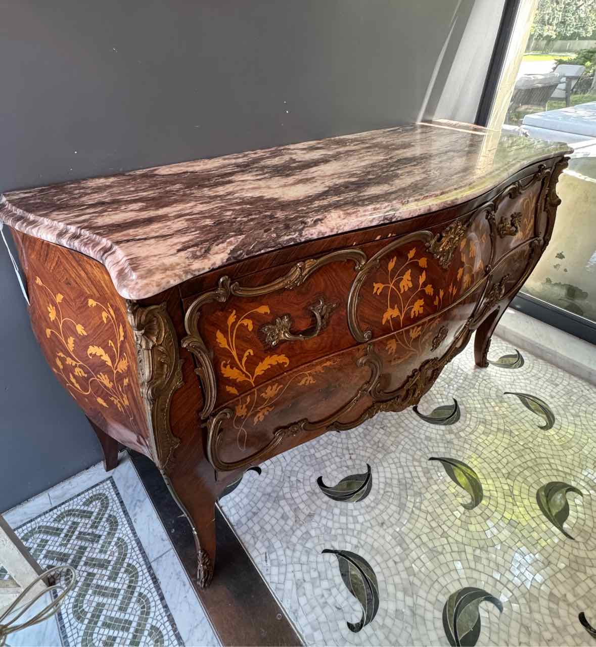 19th C French Marquetry Marble Top Dresser w/ Brass Mounts - AS IS