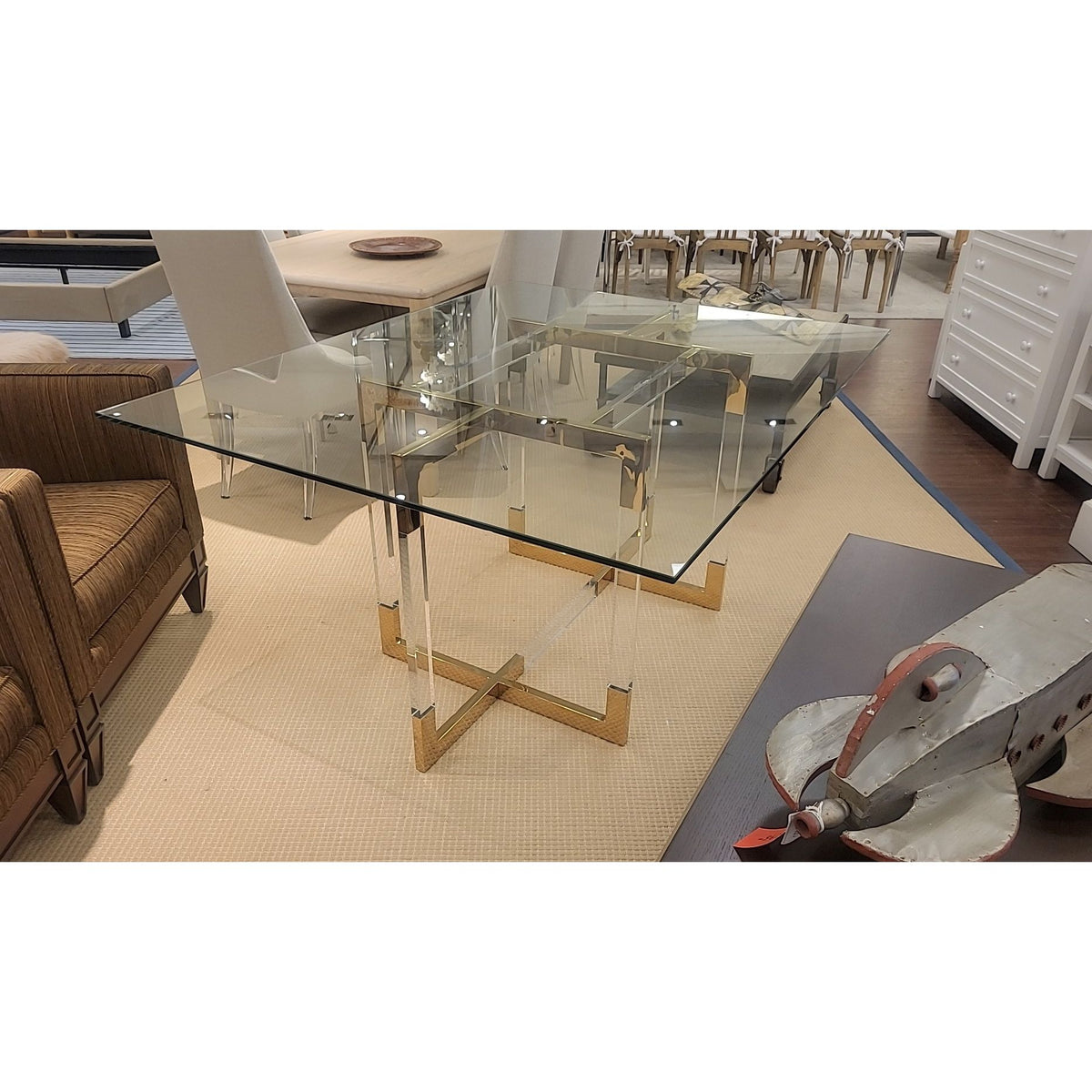 Custom 5-ft Glasstop Dining Table w/ Trousdale Shiny Brass & Lucite Base - colletteconsignment.com