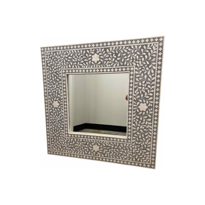 Indian Bone Inlay Gray Floral Wall Mirror