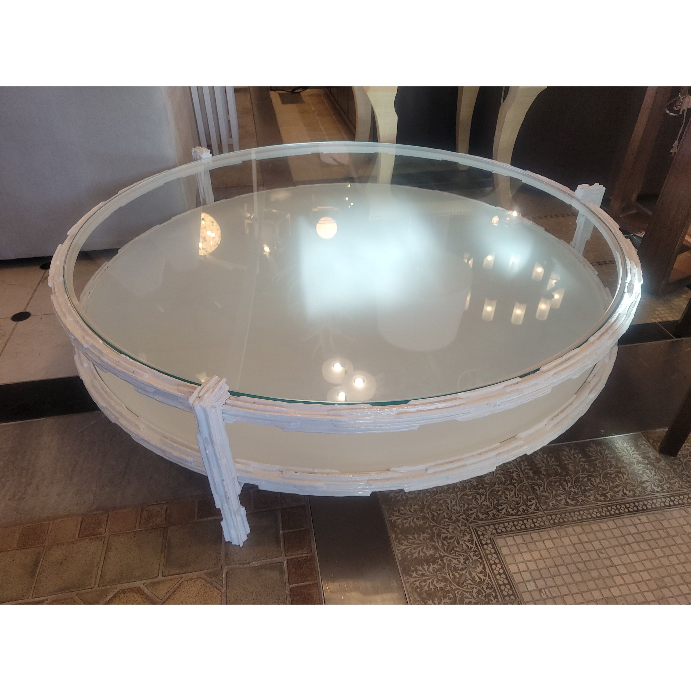 White Metal Coffee Table w/ Glass Top & Shelf