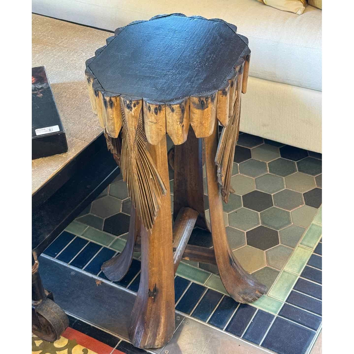 Carved Palm Frond Wood Side Table