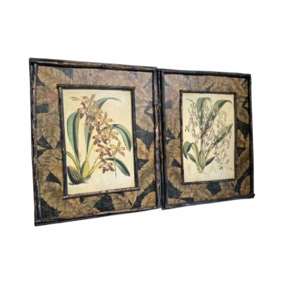 Pair of Antique Style Bamboo Framed Botanical Prints, 17.25"L x 1.5"W x 22.5"H - colletteconsignment.com