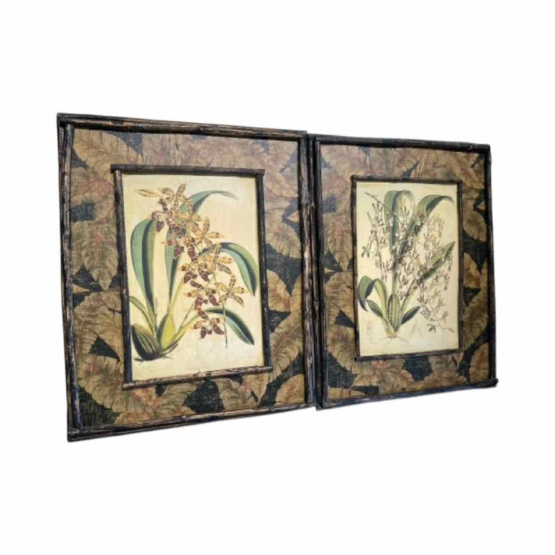 Pair of Antique Style Bamboo Framed Botanical Prints, 17.25"L x 1.5"W x 22.5"H - colletteconsignment.com