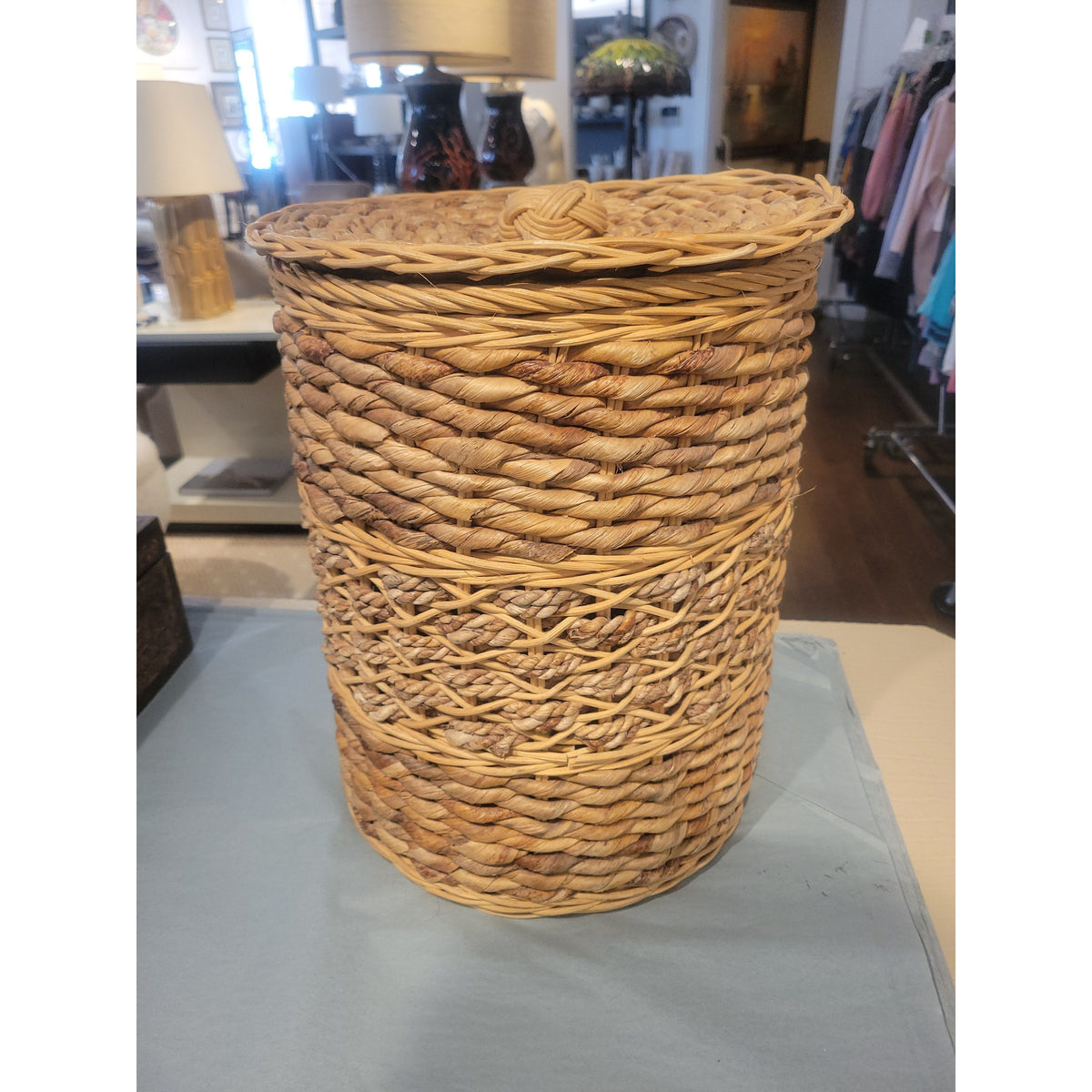Tall Seagrass Wicker Basket w/ Lid - colletteconsignment.com