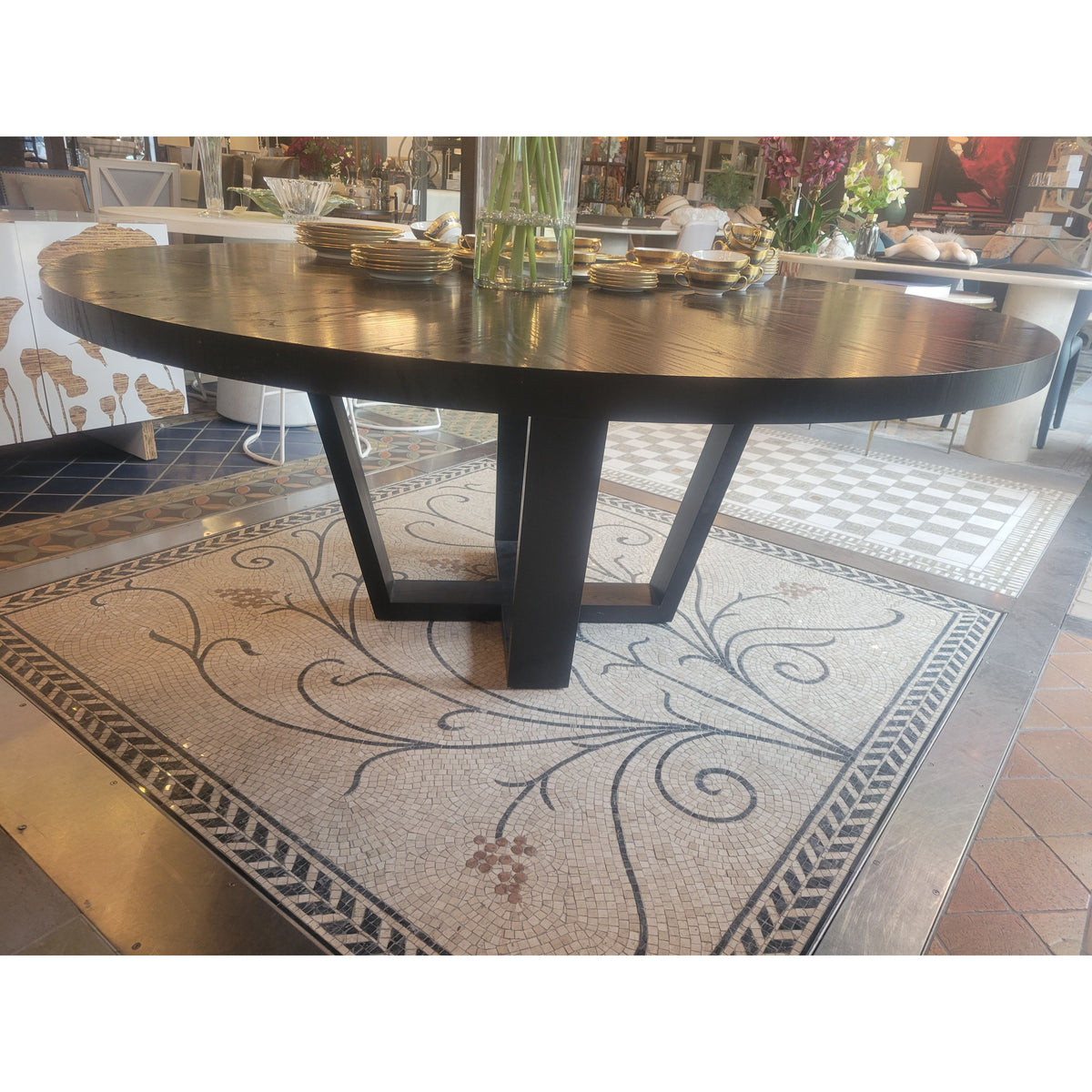 Custom 6-ft Round Black Walnut Dining Table w/ Rift Oak Finish - colletteconsignment.com