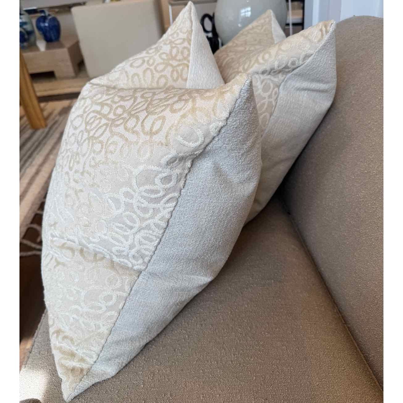 Pair of Custom Off-White Cut Velvet Curls Pattern Pillows