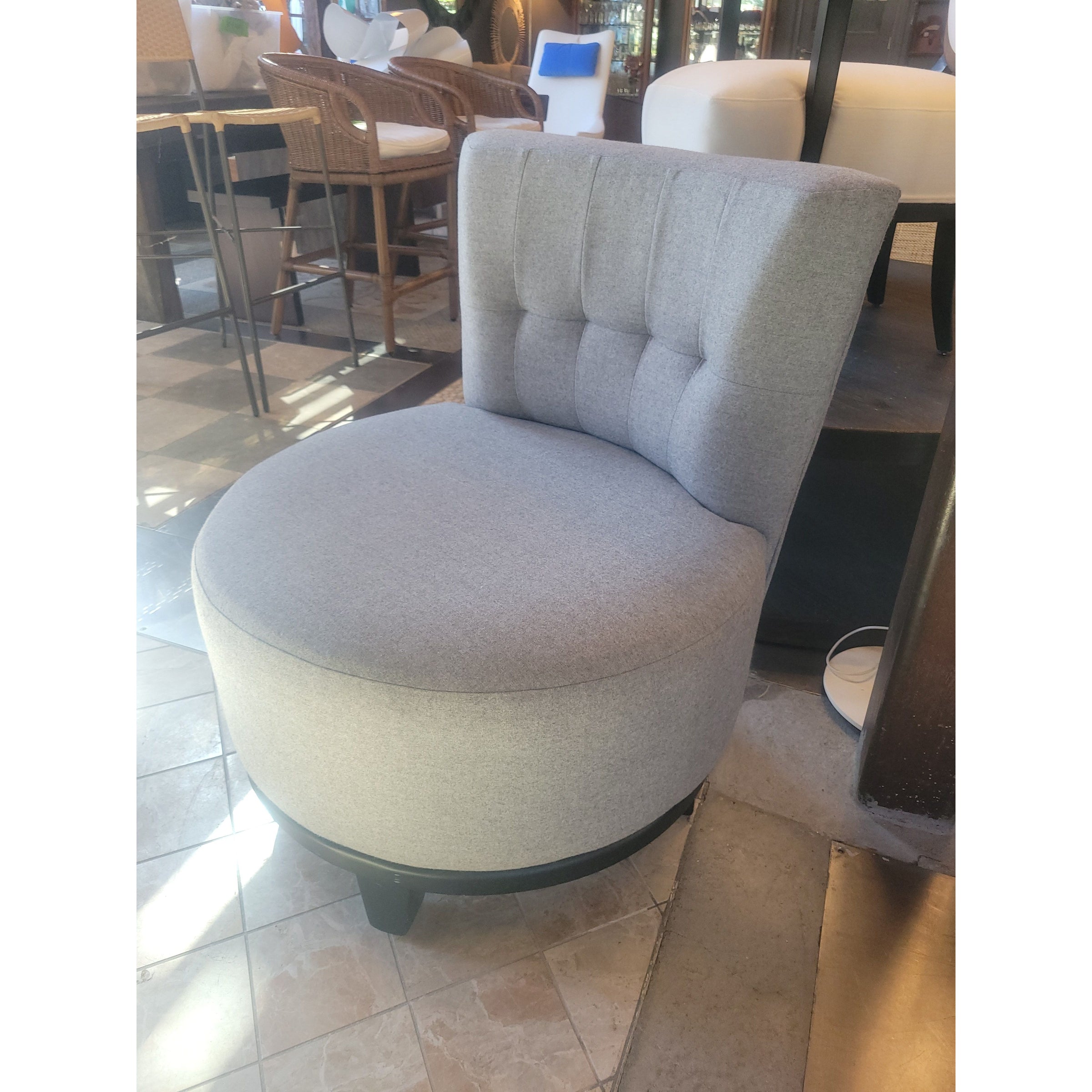 Transitional Gray Tufted Swivel Chair on Wood Base