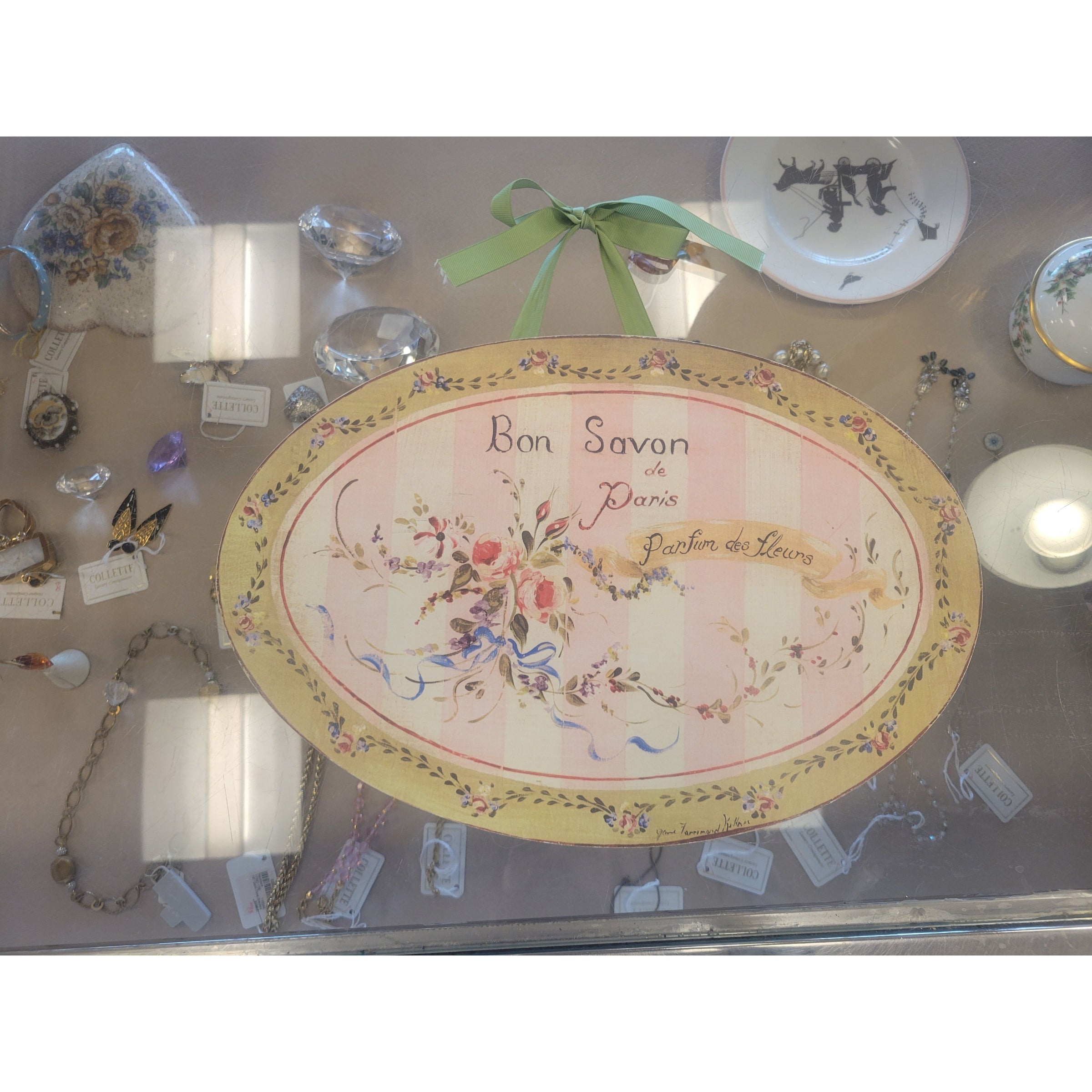 French 'Bon Savon' Floral Wall Decor on Green Ribbon