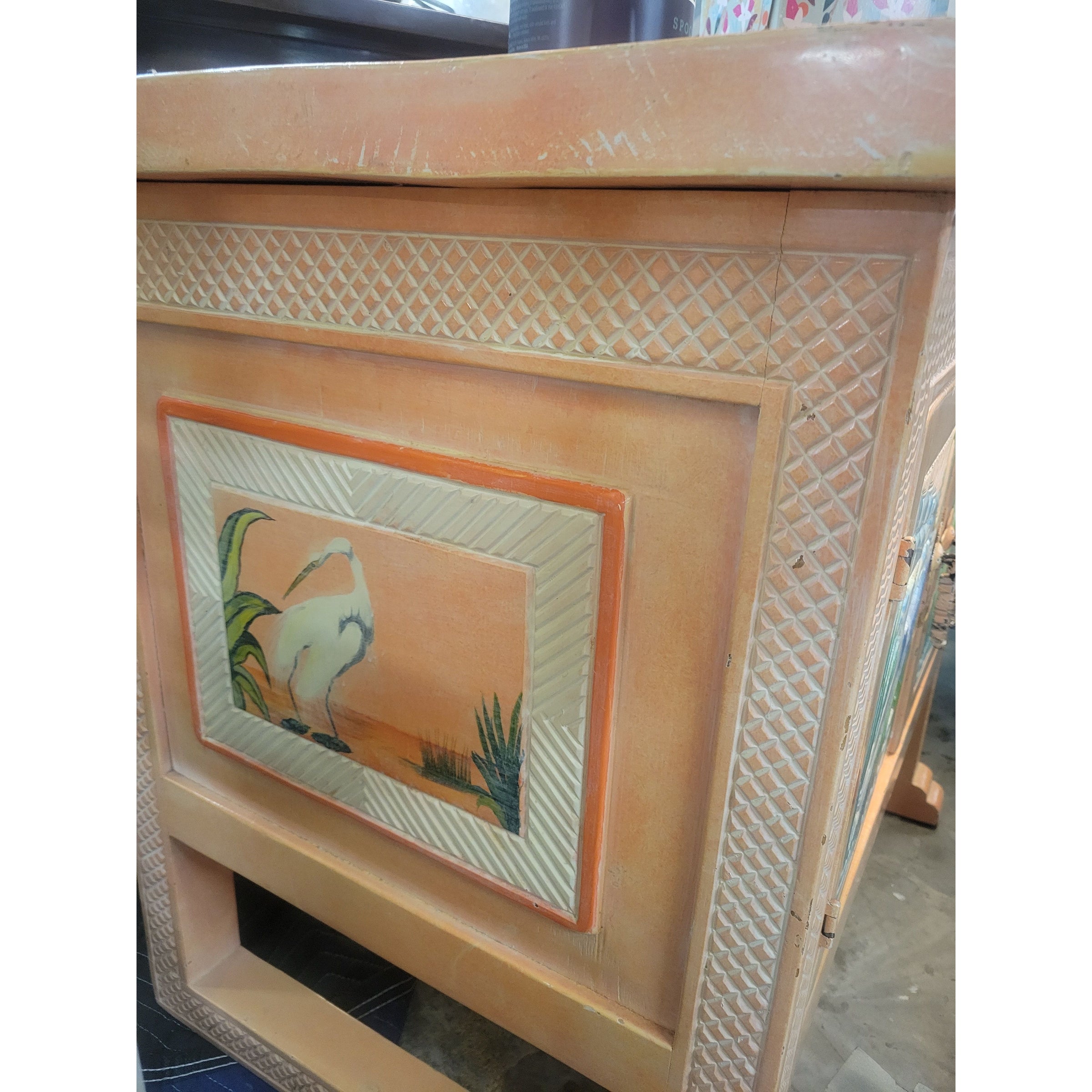 Vintage Pink Nightstand w/ Everglades Crane Design - colletteconsignment.com