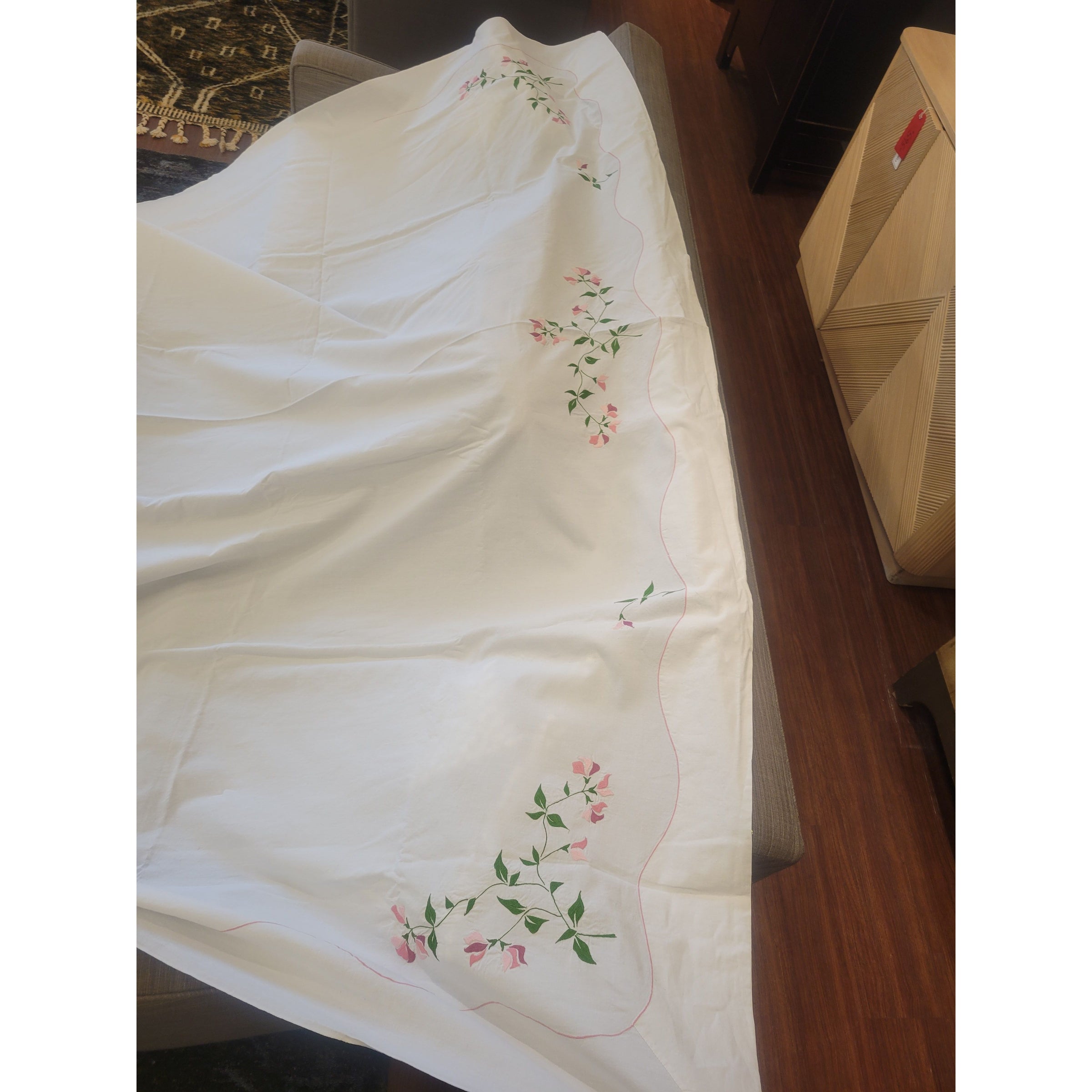 Flower Embroidered Linen Set: King-Sized Sheet & 2 Square Shams (AS IS) - colletteconsignment.com