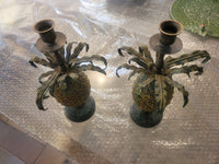 Pair of Tole Pineapple Candle Holders on Marble Bases